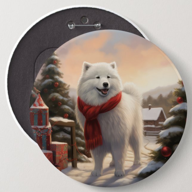 Samoyed Dog in Snow Christmas  6 Cm Round Badge (Front & Back)