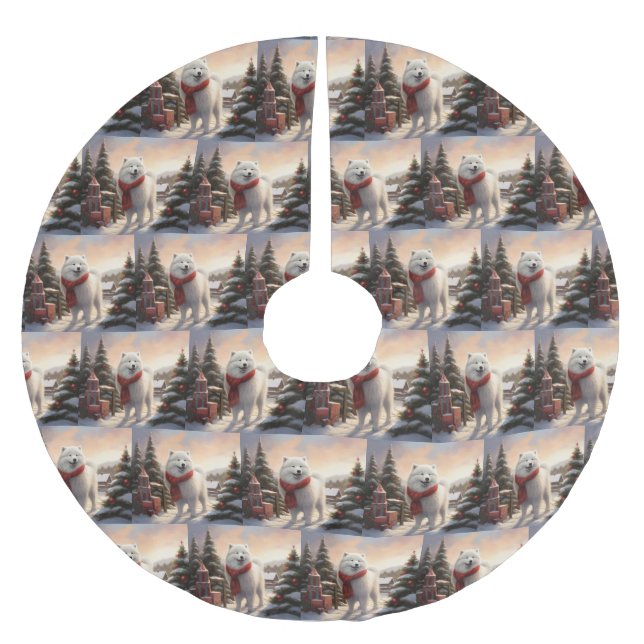 Samoyed Dog in Snow Christmas  Brushed Polyester Tree Skirt (Front)