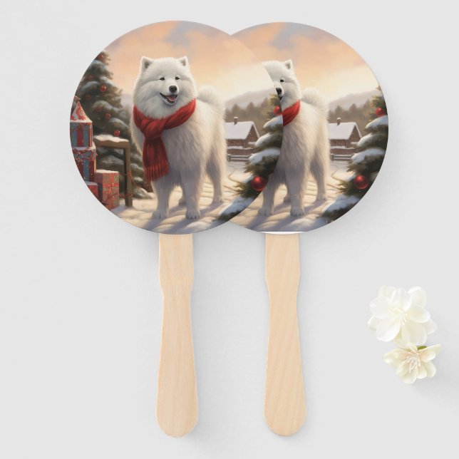Samoyed Dog in Snow Christmas  Hand Fan (Front and Back)
