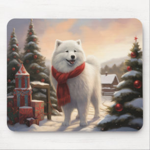 Samoyed Dog in Snow Christmas Mouse Pad