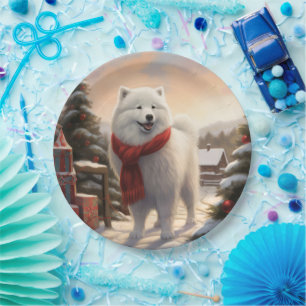 Samoyed Dog in Snow Christmas Paper Plate