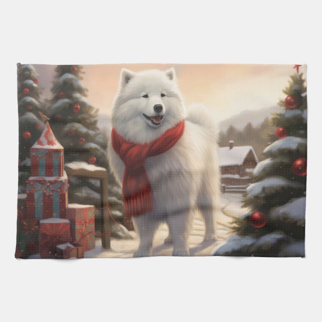 Samoyed Dog in Snow Christmas  Tea Towel (Horizontal)