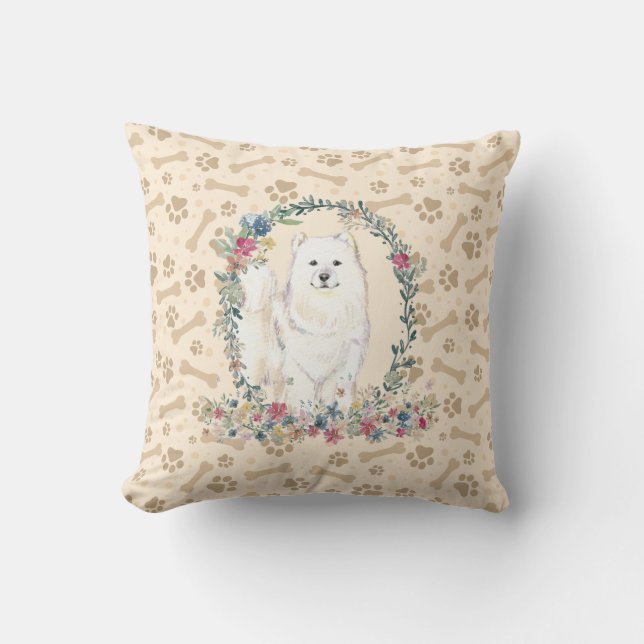 Samoyed Dog Paw Print & Floral Cute Cushion (Front)