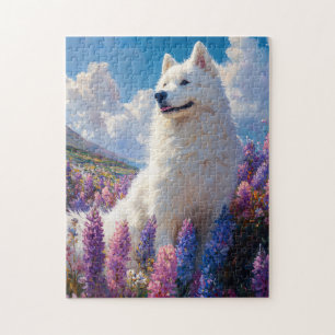 Samoyed Dog Purple Lupine Flowers Jigsaw Puzzle