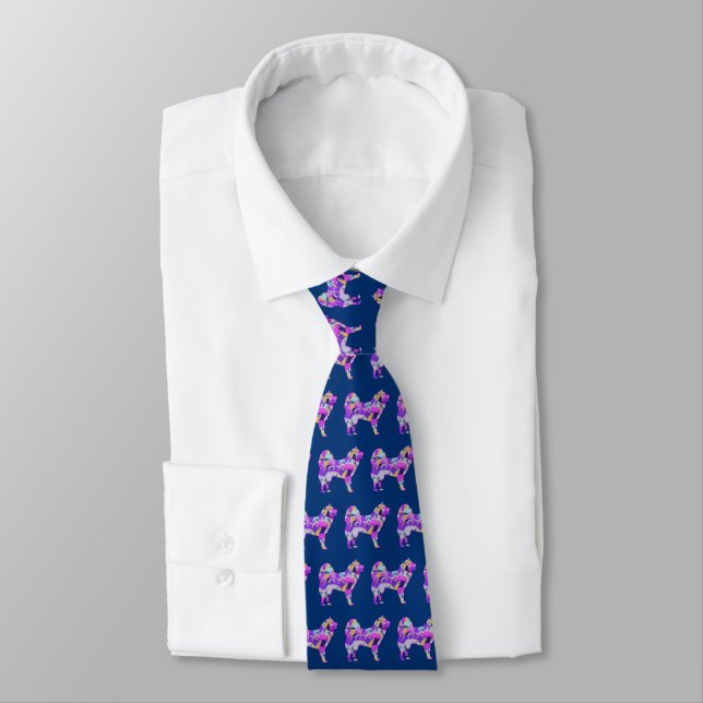 Samoyed Dog Silhouette Purple Blue Necktie (Tied)