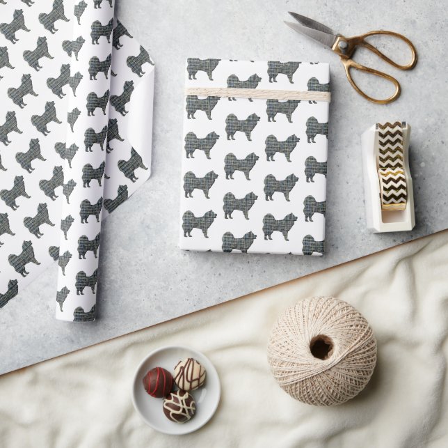 Samoyed Dog Silhouette Y&B Grid White Wrapping Paper (Crafts)
