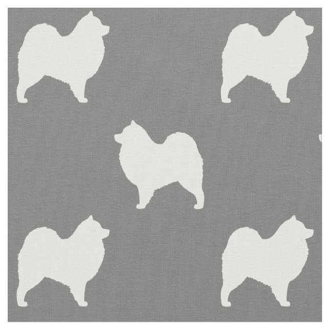 Samoyed Dog Silhouettes Pattern Grey and White Fabric (Close Up)