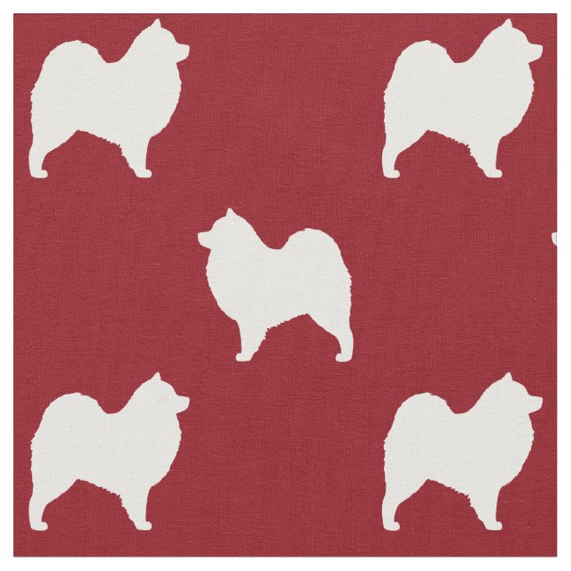 Samoyed Dog Silhouettes Pattern Red and White Fabric (Close Up)