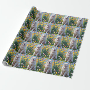 Samoyed Dog Spring Flowers Painting  Wrapping Paper
