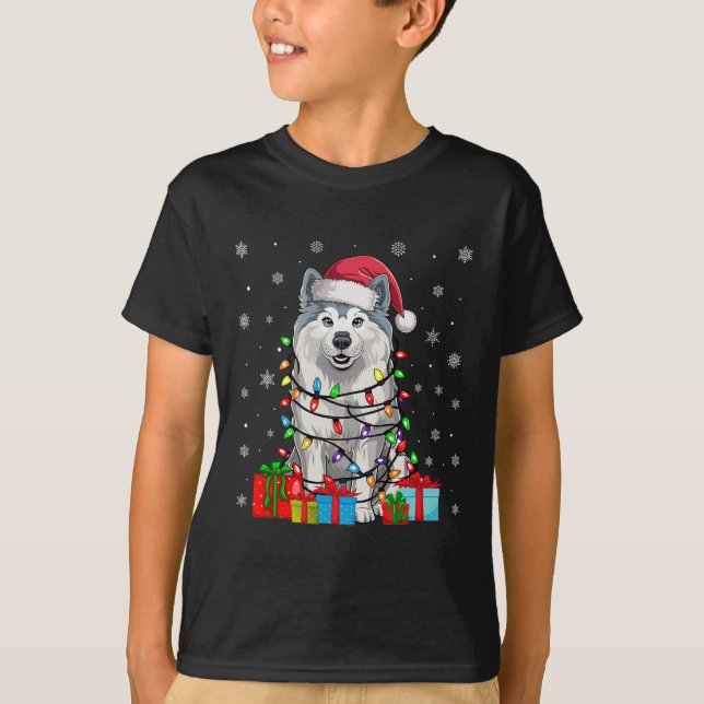 Samoyed Dog Ugly Xmas Lights Santa Hat Samoyed Dog T-Shirt (Front)