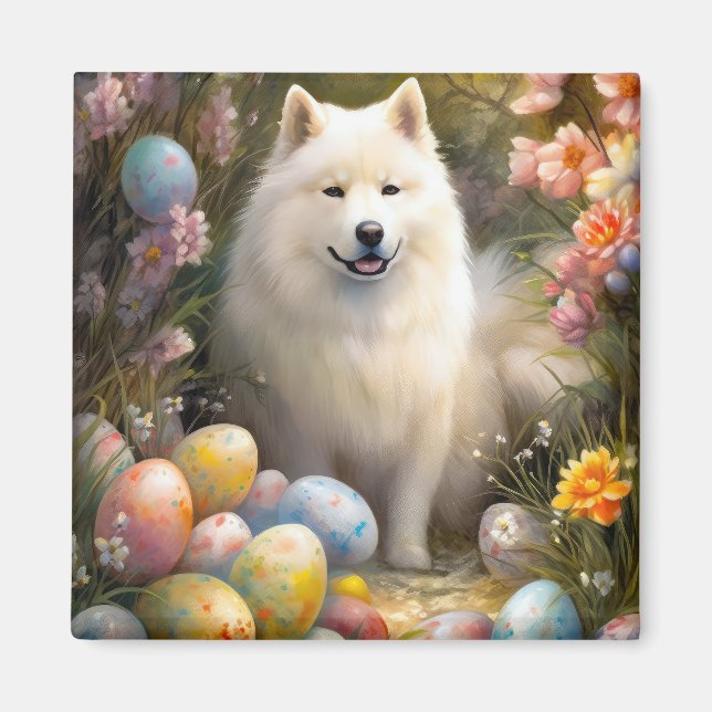 Samoyed Dog with Easter Eggs Holiday Magnet (Front)