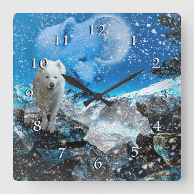 SAMOYED FULL MOON WINTER SQUARE WALL CLOCK (Front)