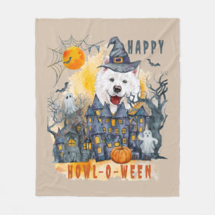 Samoyed Happy Howl-o-ween Ghost Houses Funny  Fleece Blanket