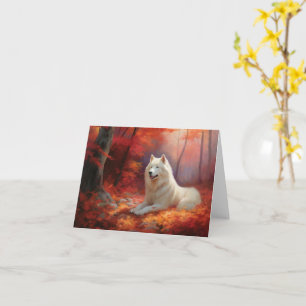 Samoyed in Autumn Leaves Fall Inspire Card
