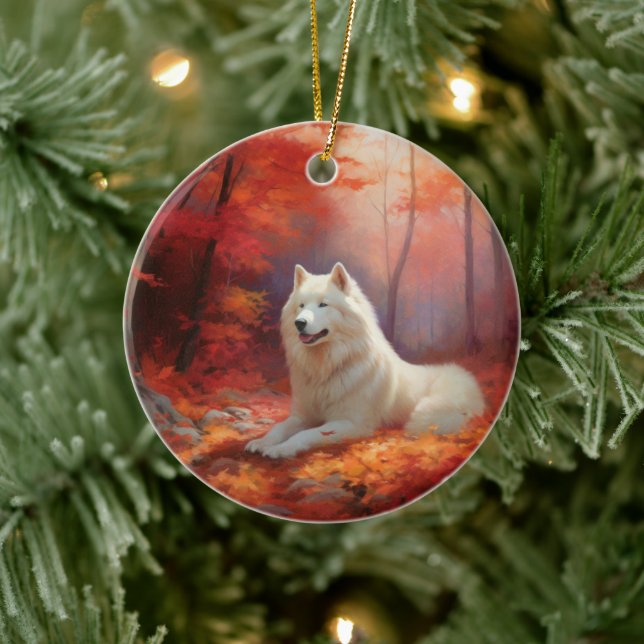Samoyed in Autumn Leaves Fall Inspire  Ceramic Tree Decoration (Tree)