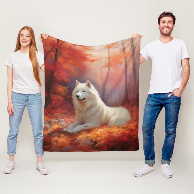 Samoyed in Autumn Leaves Fall Inspire  Fleece Blanket (In Situ)