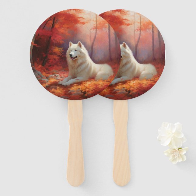 Samoyed in Autumn Leaves Fall Inspire  Hand Fan (Front and Back)