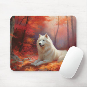 Samoyed in Autumn Leaves Fall Inspire Mouse Pad