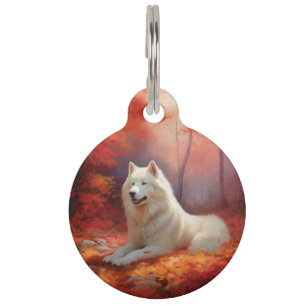 Samoyed in Autumn Leaves Fall Inspire Pet Tag