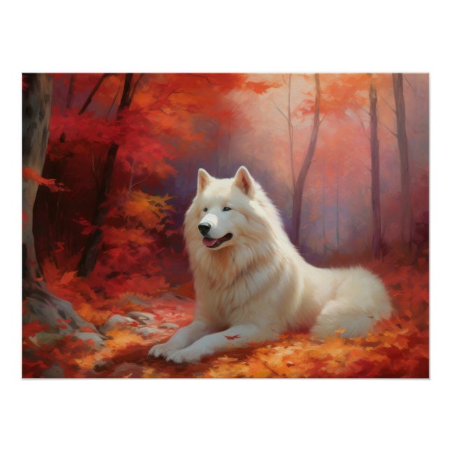 Samoyed in Autumn Leaves Fall Inspire  Poster (Front)