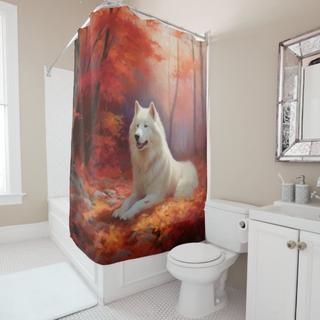 Samoyed in Autumn Leaves Fall Inspire  Shower Curtain (In Situ)
