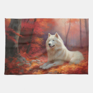 Samoyed in Autumn Leaves Fall Inspire  Tea Towel