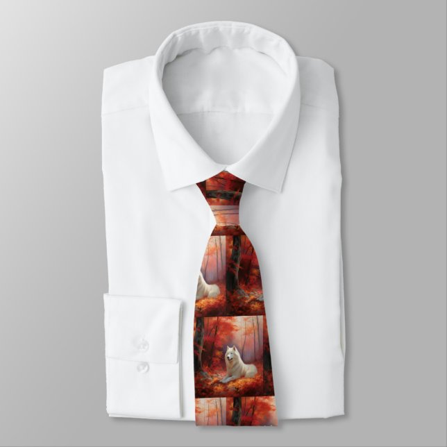 Samoyed in Autumn Leaves Fall Inspire  Tie (Tied)
