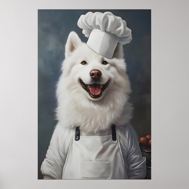 Samoyed In Chefs Hat Poster, Pet Poster, Samoyed Poster (Front)