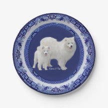 Samoyed Mini-Portrait on Blue Willow Paper Plates