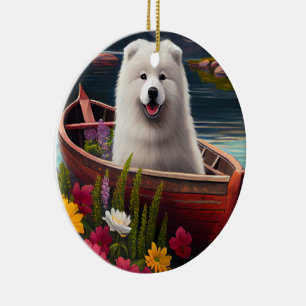 Samoyed on a Paddle: A Scenic Adventure Ceramic Tree Decoration
