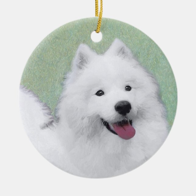 Samoyed Painting - Cute Original Dog Art Ceramic Tree Decoration (Front)