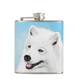 Samoyed Painting - Cute Original Dog Art Hip Flask
