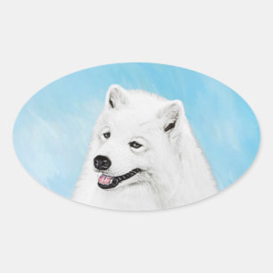 Samoyed Painting - Cute Original Dog Art Oval Sticker