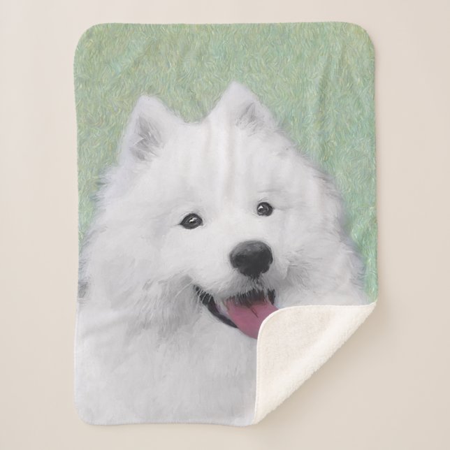 Samoyed Painting - Cute Original Dog Art Sherpa Blanket (Front)