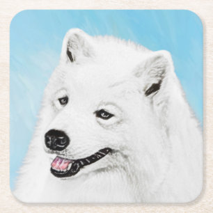 Samoyed Painting - Cute Original Dog Art Square Paper Coaster