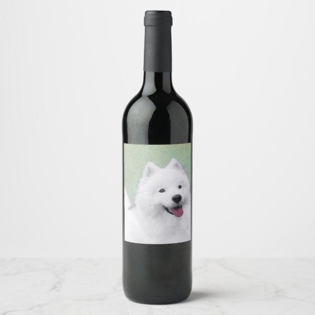 Samoyed Painting - Cute Original Dog Art Wine Label (Front)