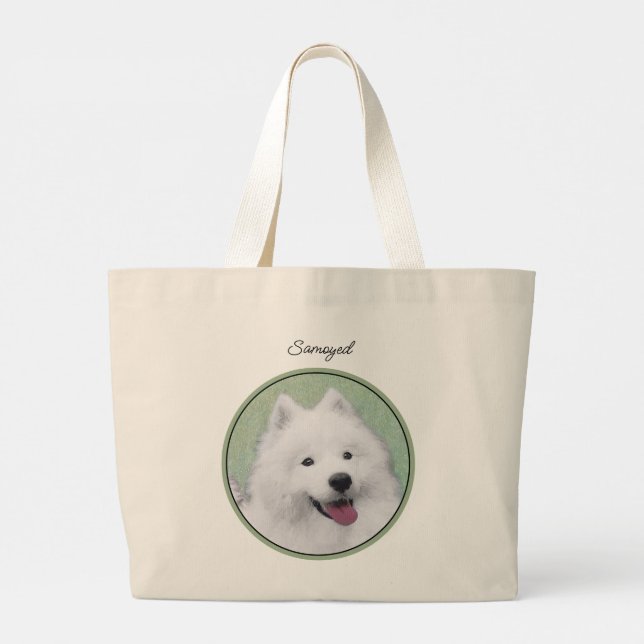 Samoyed Painting White Cute Original Pet Dog Art Large Tote Bag (Back)