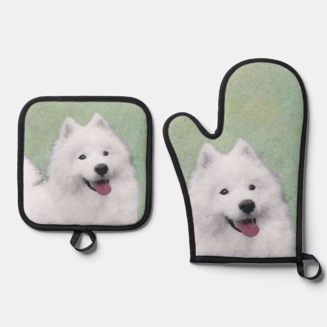 Samoyed Painting White Cute Original Pet Dog Art Oven Mitt & Pot Holder Set (Front)