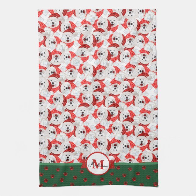 Samoyed Pattern Monogram Christmas Dog Tea Towel (Vertical)