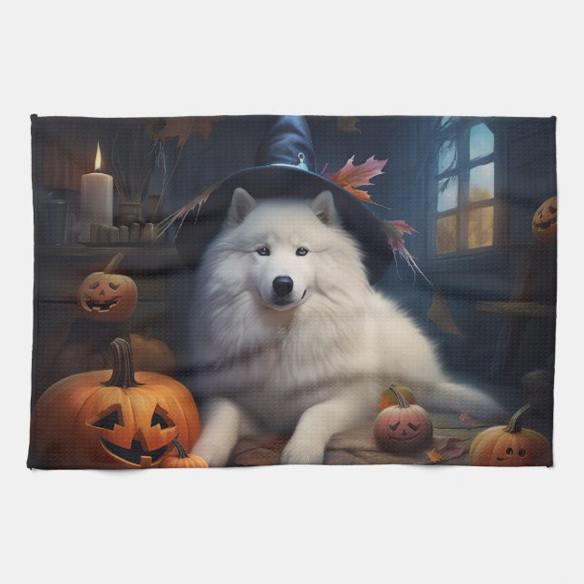 Samoyed Pumpkins Halloween Scary Tea Towel (Horizontal)