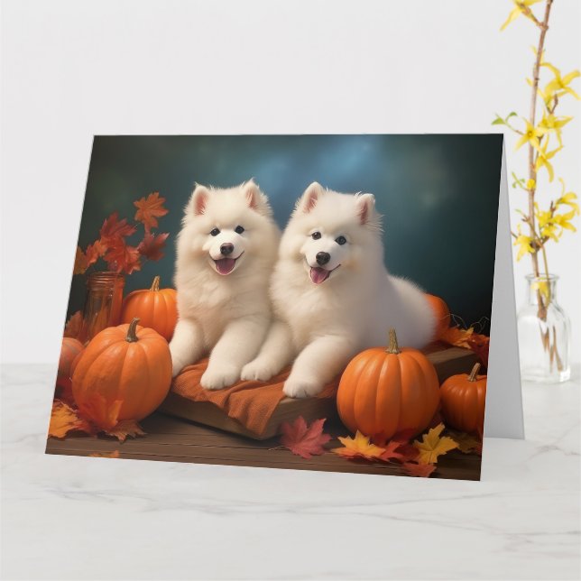 Samoyed Puppy Autumn Delight Pumpkin  Card (Yellow Flower)