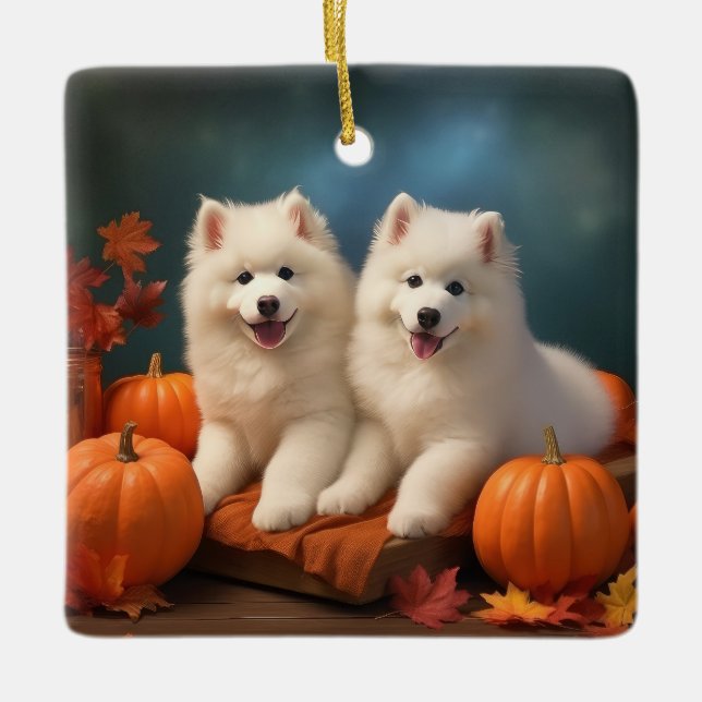 Samoyed Puppy Autumn Delight Pumpkin  Ceramic Ornament (Front)