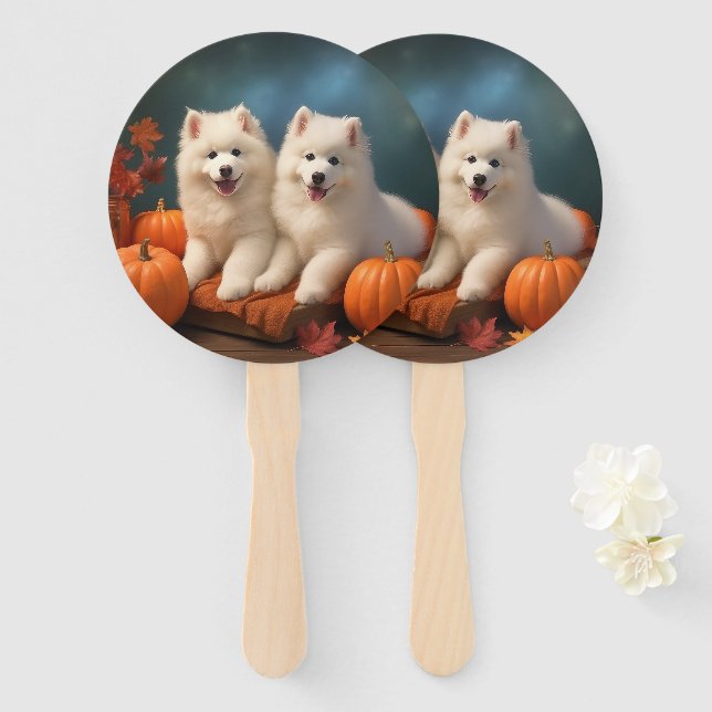 Samoyed Puppy Autumn Delight Pumpkin  Hand Fan (Front and Back)
