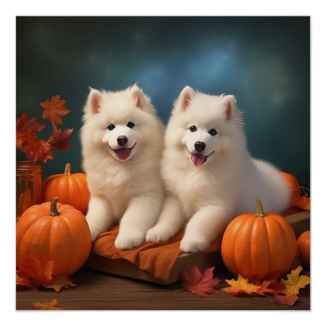 Samoyed Puppy Autumn Delight Pumpkin  Poster (Front)