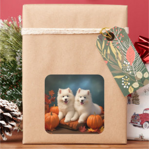 Samoyed Puppy Autumn Delight Pumpkin  Square Sticker