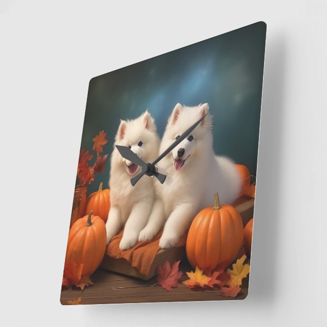 Samoyed Puppy Autumn Delight Pumpkin  Square Wall Clock (Angle)