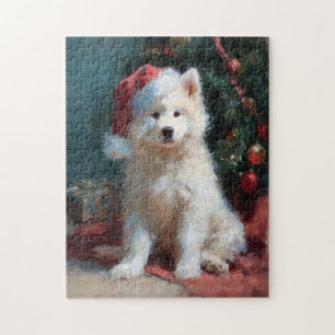 Samoyed Puppy Christmas Painting Jigsaw Puzzle