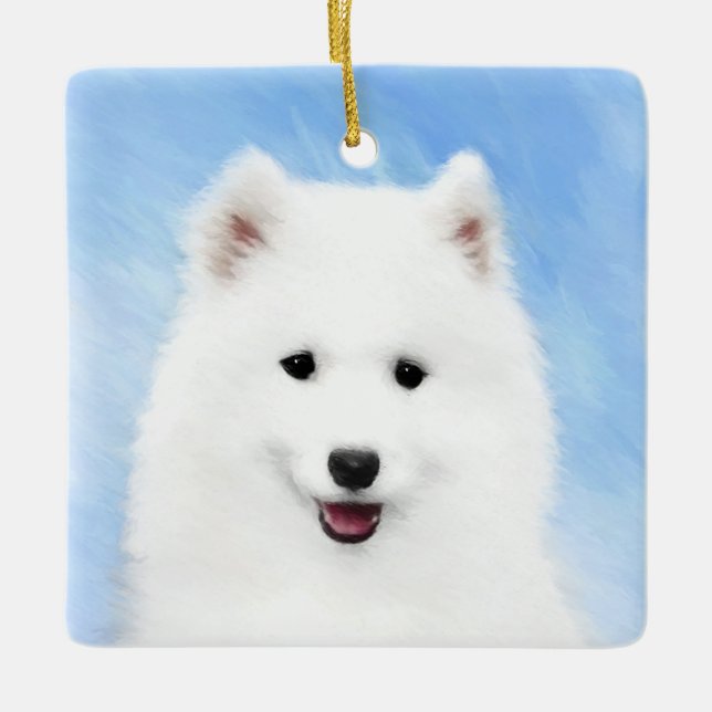 Samoyed Puppy Painting - Cute Original Dog Art Ceramic Ornament (Front)