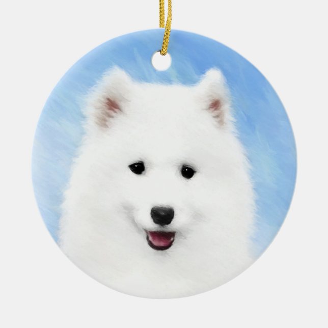 Samoyed Puppy Painting - Cute Original Dog Art Ceramic Tree Decoration (Front)
