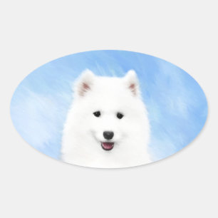 Samoyed Puppy Painting - Cute Original Dog Art Oval Sticker